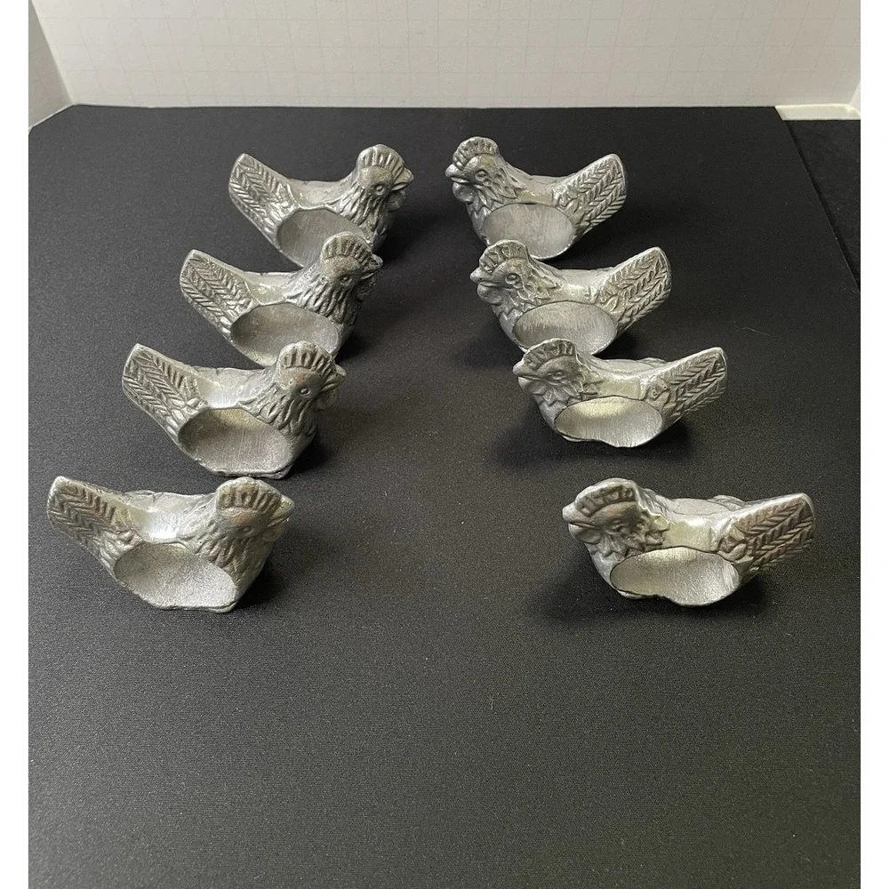 Vintage 1970s Set of 8 Pewter Chicken Rooster Napkin Rings French Country Rustic